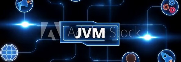 Digital network diagram with JVM in center and various icons connected by lines Java Virtual Machine