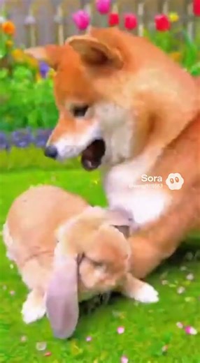 Shiba Inu vs. Bunny: Hilarious Pet Fight for Garden Dominance! #ShibaInu #BunnyFight #Shorts
