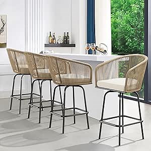YITAHOME Counter Height Bar Stools Set of 4, Outdoor Bar Stools with Soft Cushions, Patio Rattan Swivel Bar Chairs for Backyard Poolside, Garden w /360 Rotation (Beige)