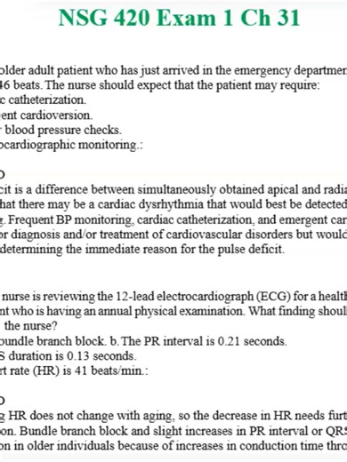 NSG 420 Exam 1 Chapter 31 complete and verified study material is designed to help nursing students confidently prepare for core medical-surgical exam content. This 12-page resource covers high-yield concepts from Chapter 31, including foundational pathophysiology principles, cellular adaptation, inflammation, immune responses, fluid and electrolyte balance, acid–base regulation, and priority nursing assessments and interventions. The material is concise, well-structured, and aligned with NSG 42