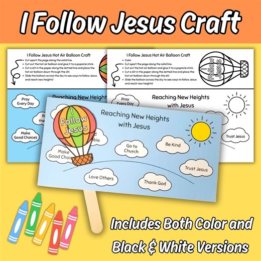 I Follow Jesus Hot Air Balloon Craft for Kids Sunday School Bible Lesson, Reaching New Heights With Jesus Christian Church Coloring Activity - Etsy UK