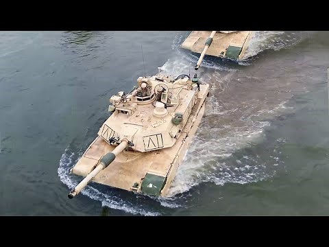 Convoy of Massive US M1 Abrams Tanks Jump in Middle of the Water