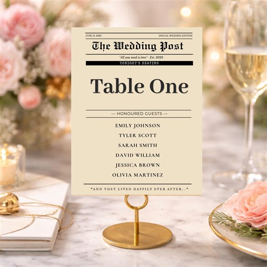 Unique Wedding Table Numbers Canva Template, Rustic Newspaper Style Table Cards With Seating Chart, Printable Wedding Decor - Etsy