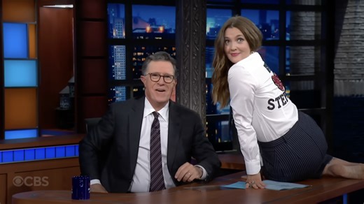 Drew Barrymore dances on Stephen Colbert's desk on 'The Late Show'