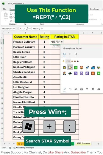How to create star ratings in Excel using the REPT function ⭐⭐⭐⭐⭐ #excel #shorts #exceltips
