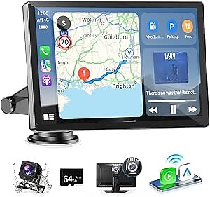 CarPlay Screen for Car, 9 Inch Android Auto Screen for Car with 4K Dashcam, Portable Wireless Carplay Screen with 1080P Rear Camera, TF Card, MirrorLink, Bluetooth, AUX/FM, GPS Navigation, Siri