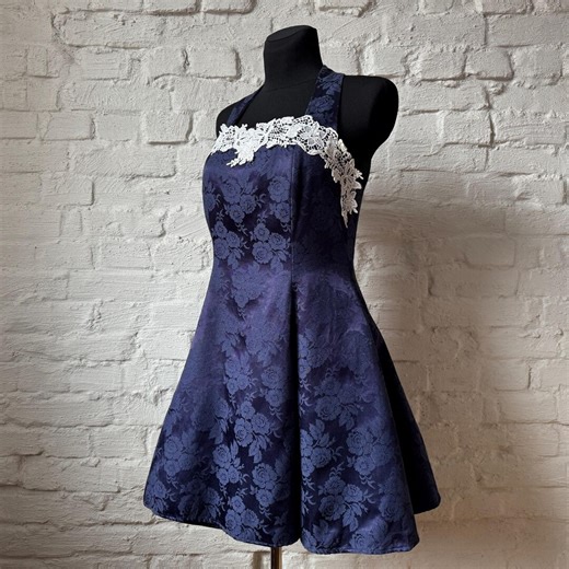 Vintage Navy Blue Halter Dress With White Lace Bodice and Tulle Underskirt – Fit and Flare Open Back Cocktail Dress - Etsy