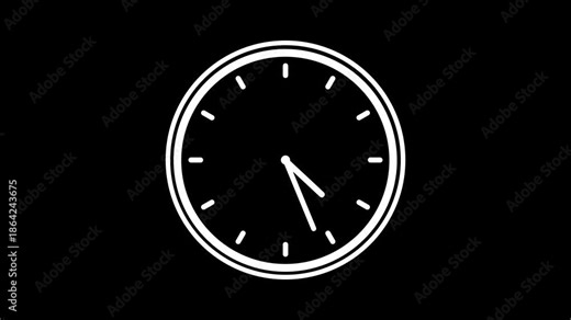 Analog clock spinning animation loop on Black Background, White clock icon with moving arrows in 12 hour loop on Black background. Stopwatch animatio