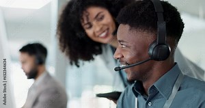 Call center consultant, manager and happy man at computer for onboarding training, telemarketing sales or telecom. Tech support, customer care teamwork and face of woman mentoring ecommerce agent