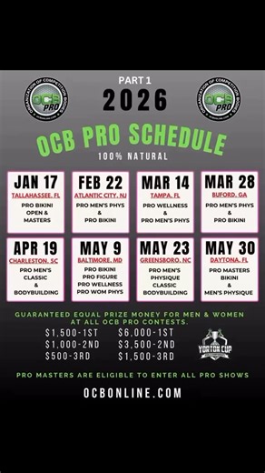 🧨THE 2026 OCB PRO SCHEDULE! . As promised, the OCB is delivering more pro contests and opportunities to compete as a LEGIT DRUG FREE PRO (open and masters) all over the country. . GUARANTEED prize money...no sliding scale, no fuzzy math. $280,000 going out the door in 2026! 💰 More up our sleeve for 2027, so follow closely! 👀 . 🔗OCBONLINE.COM | OCB Natural Bodybuilding