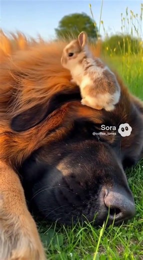 【感動】超大型犬の頭の上で「お昼寝」する子うさぎ / The Giant Guardian: Leonberger and Baby Bunny #shorts