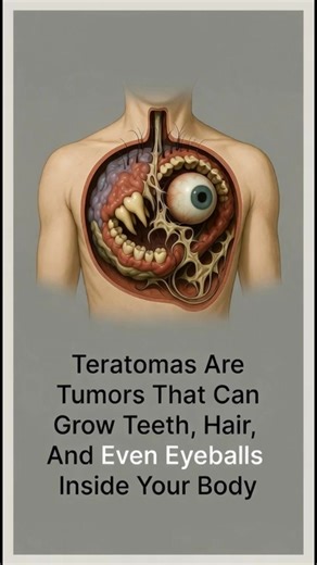 A teratoma is a rare type of tumor derived from germ cells that can contain fully formed tissues like hair, teeth, bone, muscle, or even rudimentary eyes and organs. These "monstrous tumors" (from Greek "teras" meaning monster) arise when embryonic cells differentiate chaotically, creating a bizarre mini-body inside the host. Mature teratomas are usually benign but can grow large enough to cause pain or organ compression; immature ones are cancerous. Ovarian teratomas in women sometimes contain 