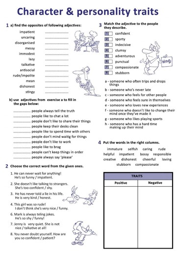 Character& personality traits worksheet