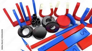 U-shaped, bar, ring, horseshoe, needle, disc, circle and cylinder magnets in one scene. The north and south poles of the magnets are colored red and blue. for educational purposes in schools.
