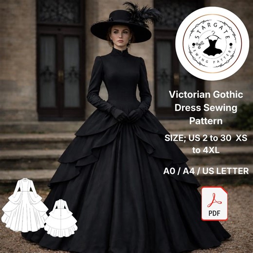 Victorian Gothic Ball Gown Sewing Pattern, Historical Costume PDF (US 2-30) - Etsy