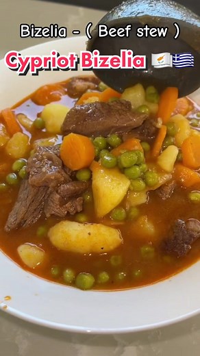 Cypriot Bizelia(beef stew) - 1/4 cup olive oil , 800 grams diced beef , 1 large onion chopped , 3 garlic cloves minced ,5 carrots sliced , 6 potatoes diced , 3 tbsp tomato paste, salt , pepper, vegeta, paprika, 2 L water , 3 cups bizelia (peas) cook for 1 - 1 1/2 hours covered . #bizelya #bizeli #food #foodtiktok #recipe #cook #cooking #greek #greece #greektiktok #greekfreakout #balkan #fyp #fypシ #foryou #foryoupage #foryourpage