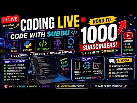 Coding LIVE | Java, Python, Full Stack, AI/ML & DSA | Road to 1000 Subscribers 🚀 #live #livestream