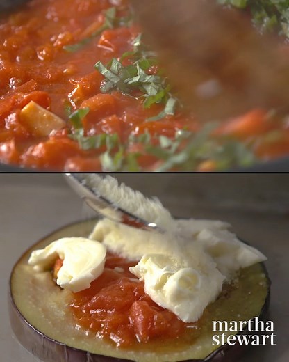 Everyone loves these stacks of eggplant layered with mozzarella and Parmesan cheese and tomato sauce. https://bit.ly/3uEfXC6 | Martha Stewart