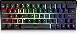 Ractous RTK63B 60% Wireless Mechanical Gaming Keyboard,RGB Blacklit PBT keycaps Type-C 63keys Bluetooth5.1/Wireless/Wried Gaming Keyboard for PC/Mac Gamers,Hot-Swap Optical Blue Switch-Black