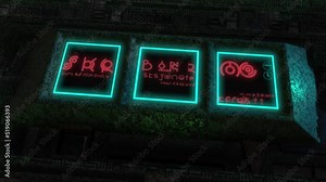 High quality 3D CGI render with smooth orbit of alien technology with three screen displays showing a display of alien hieroglyphs changing in random sequences Stock Video