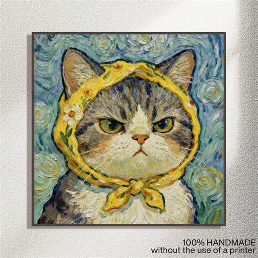 Grumpy Cat Painting Van Gogh Style, Cat in Headscarf Wall Art, Textured Impasto Pet Portrait, Funny Animal Art, Maximalist Home Decor - Etsy
