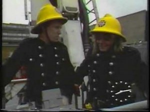 Wendy Richard as a fire person on TV-am 1984