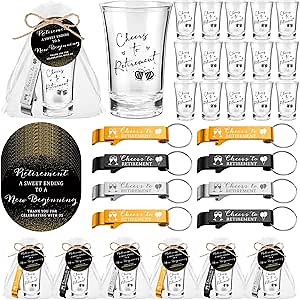 Vesici 30 Set Retirement Party Favors for Guests 3 colors Bottle Opener Keychains Bulk Cheers to Retirement Acrylic Short Glasses Thank You Tags with Organza Bags Twine Party Souvenirs Gifts