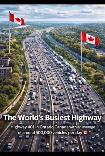 Highway 401 in Ontario, Canada, is recognized as the world’s busiest highway, carrying an astonishing daily flow of nearly half a million vehicles. This iconic stretch of roadway stands as a symbol of Canada’s vibrant urban movement and the constant rhythm of modern transportation. #fblifestyle | I Love Canada