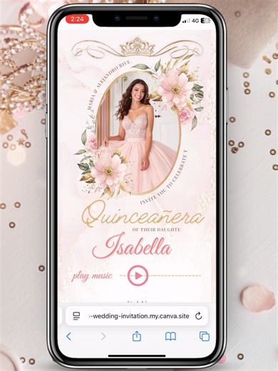 Quinceañera Invitation Website with Online RSVP 👑✨ Looking for a digital Quinceañera invitation or Sweet 16 website? This Editable Quinceañera / Sweet 16 Digital Invitation Template includes: ✔ Online RSVP tracking (Google Form) ✔ Live countdown timer ✔ Google Maps link ✔ Wishlist section ✔ Music integration ✔ Fully customizable in Canva Pink. Gold. Floral. Princess aesthetic 💖 Perfect for a modern Quinceañera celebration or luxury Sweet 16 party. No paper invitations. Just one elegant birthda