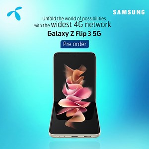Introducing the most awaited Galaxy Z Flip3 5G with the widest 4G network. To pre order click “shop now” | Grameenphone
