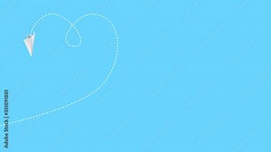 Paper airplanes flying over sky by heart concept. Stop motion animation. Origami Paper plane flying of flowing line white paper plane on black background. Innovation concept. Business mail. Handmade