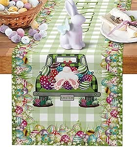 Happy Easter Table Runners Cotton Linen Vintage Farm Trucks Colorful Eggs Non-Slip Spring Party Holiday Tablecloth Decor for Kitchen,Home,Dining,Outdoor,13X36 Inches Long,Green Gingham Plaid Pattern