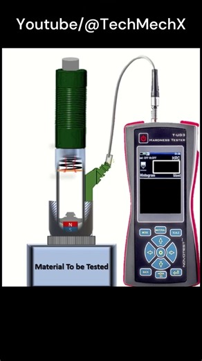 🔩 How the Leeb Hardness Tester Works — Explained Simply! The Leeb hardness testing method is based on measuring the rebound velocity of a small impact body after it strikes the test surface. Here’s how it works in the NOVOTEST T-D2 (Lab) and similar devices: 1️⃣ The impact body (with a hard metal tip) is launched at high speed onto the test material using a spring mechanism. 2️⃣ Upon hitting the surface, the body rebounds. The device measures both the impact velocity and the rebound velocity us