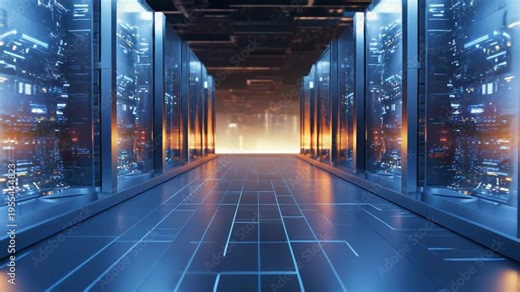 Server racks standing in rows along a data center corridor, displaying glowing lights and connecting lines on the floor, symbolizing digital information and advanced computing technology