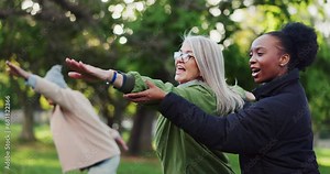Yoga class, park and senior people with instructor exercise together in nature for health and wellness training. Peace, balance and elderly woman outdoor workout or stretching for body fitness