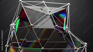 Futuristic animation of abstract glass shape with a color effect of the spectrum of light. Plesxus animation with elements of glass, metal and dispersion of light. Metaverse animation. 3D Illustration