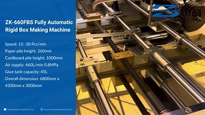 Looking for a solution that combines precision and efficiency in box manufacturing? Meet the ZK-660FBS Fully Automatic Rigid Box Making Machine. Designed to meet high-end and non-mark box requirements, it boasts a visual positioning system ensuring accuracy within ±0.05. With its stable operation, durability, and low noise, this machine delivers on both performance and reliability. It can produce up to 30 pcs/min, meeting your production needs with ease. Ready to elevate your box production proc