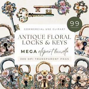 Antique Floral Locks & Keys Watercolor Clipart Mega Bundle, 99 Premium Graphics, Vintage Victorian Ornate Motif Detail, Wedding Anniversary - Etsy