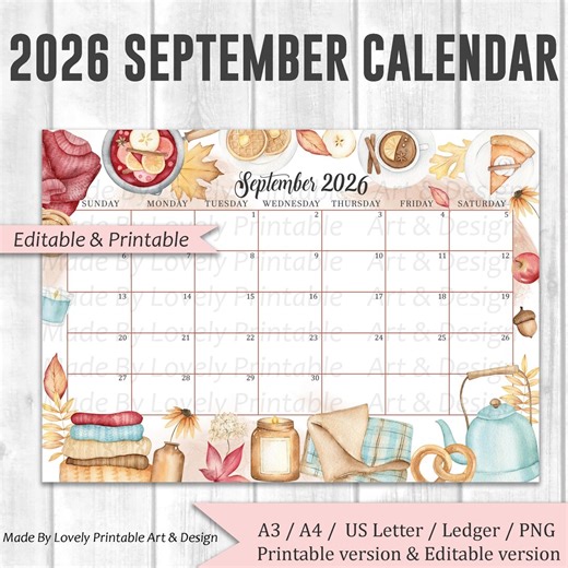 EDITABLE September 2026 Calendar, Cozy Autumn Mood, Beautiful Fall Autumn, Autumn Calendar, Printable Fillable Planner, Kids School Schedule - Etsy UK