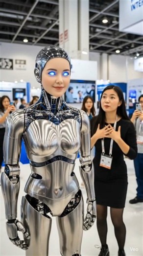 A futuristic technology expo becomes the center of attention as a highly realistic AI humanoid robot girl takes the stage. With a lifelike human face, sleek metallic body, and smooth, human-like movements, the robot interacts with the environment and captivates the crowd. Visitors gather around to watch, record videos, and take photos as the robot demonstrates advanced balance, gestures, and responsive AI behavior. This showcase highlights the rapid progress in humanoid robotics, artificial inte