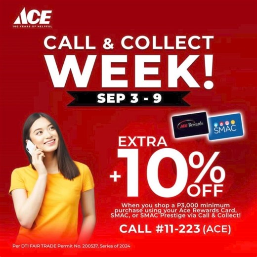 Save time & money during ACE Hardware Call & Collect Week! 🛒 Call #11223 to order and pick up in-store with big discounts from Sep 3-9. Don't miss out: tinyurl.com/mryp6tdm​ Visit Ace Hardware at Upper Ground Level. | SM Center Pasig