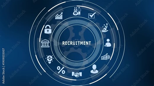 Recruitment and hiring process concept with icons for human resources, job hunting, talent acquisition, and employment strategy.