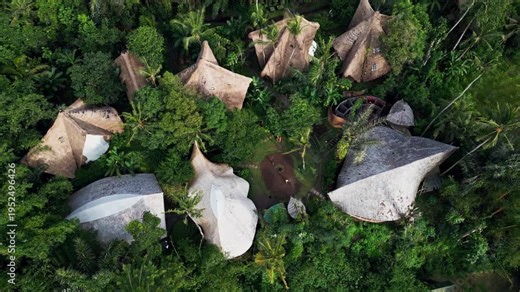 Overhead drone footage of a rainforest village surrounded by dense tropical jungle with unique eco style houses and winding pathways hidden beneath a thick green forest canopy.