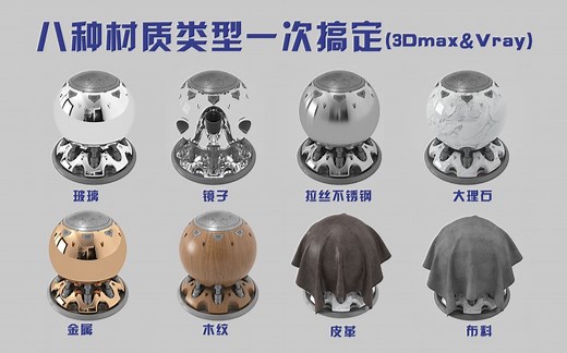 【Vray教程】8大材质类型一次搞定-玻璃/镜子/拉丝不锈钢/大理石/金属/木纹/皮革/布料