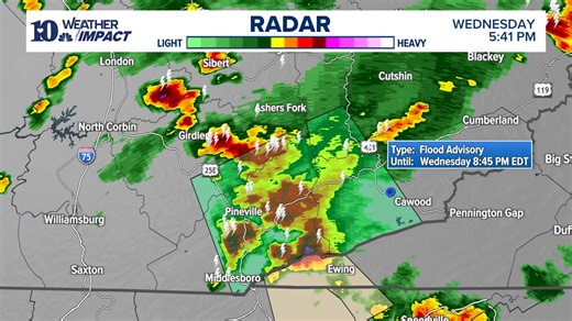 RADAR UPDATE (WED 5:58 PM) | A Flood Advisory has been issued for Bell, Harlan, and Knox Counties in Kentucky until 8:45PM. Doppler radar estimates between 1 to 2 inches of rain has fallen, with another inch of rain possible. Watch out for flooding and rapid stream rises. | Todd Howell WBIR