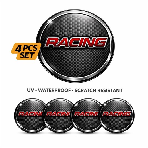 Racing Wheel Center Cap Stickers | Carbon Fiber Style Car Emblem Decals (4 PCS Set)