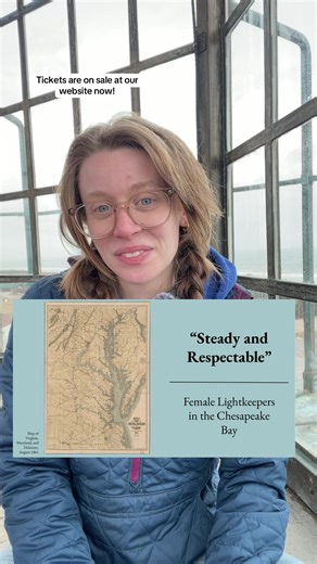 happy women’s history month!! it’s time to talk about the ladies! #womenshistorymonth #womenshistory #lighthouse #history #virginia VD: A young woman wearing glasses and a blue jacket with her blond hair in braids sits in front of glass windows in the lantern room of the Cape Henry Lighthouse.