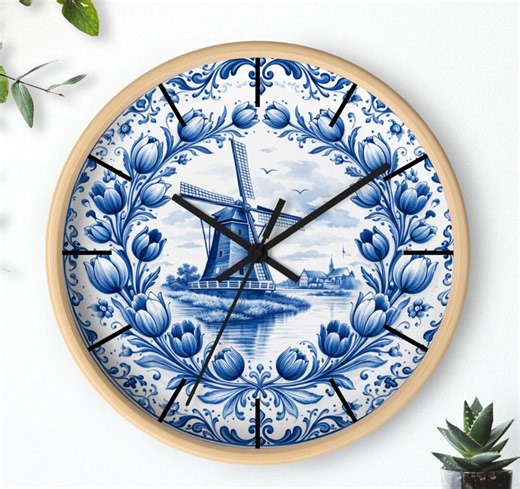 Blue Delft Windmill Tulips Wall Clock, Dutch Ceramic Style | Kitchen Decor - Etsy