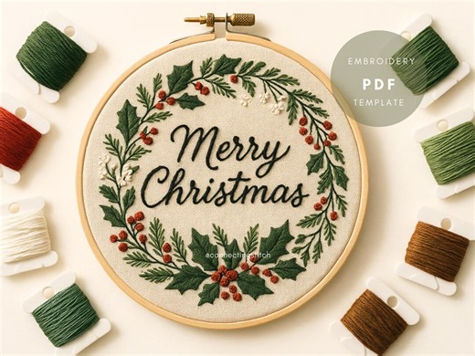 Merry Christmas Wreath Embroidery Pattern: DIY Holiday Hoop Art (PDF) - Etsy