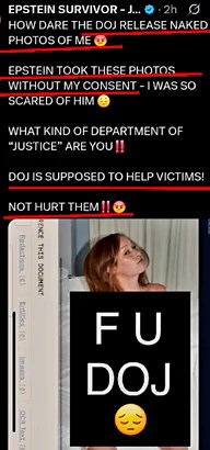 ‼️🇺🇸：トランプ政権の司法省が、エプスタイン事件の被害者のヌード写真を公開したことで批判に晒されている👀ジュリエット・ブライアント氏@JulietteBryantは、米司法省がエプスタインファイルを公開した際、自身のヌード写真が流出されていることに、怒りを露わにした。